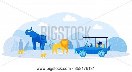 Tourist Group On Visit National Animals Green Park. Exotic Creatures At Open Air Zoo. Lion With Lion