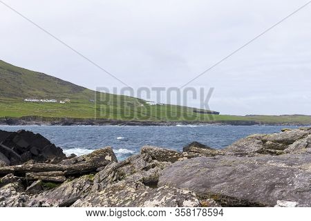 Beautiful Aerial View Of Valentia Island. Scenic Irish Countyside On A Dull Spring Day, County Kerry