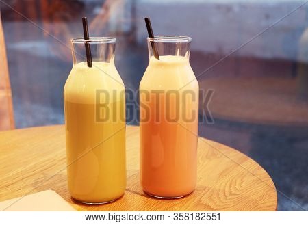 Smoothie With A Metal Tube, Coffee Raff With Cherry And Mint