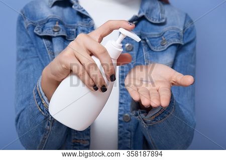 Close Up Portrait Of Female Washing Hands With Soap After Walking Outdoor, Feceless Female Using Soa