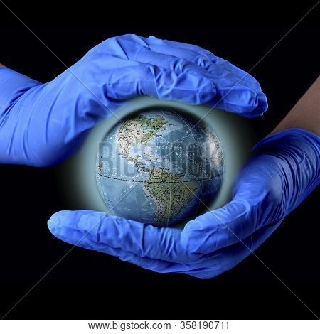 Planet Earth In The Palms, Palms In Medical Gloves, A Healthy Planet Full Of Energy, Virus, Coronovi
