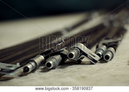 Hose Of Brake Cable. Pneumatic Connections Between Truck And Lorry, Air Pressure Hoses Coupling A Tr