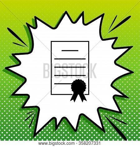 Check Mark Sign Illustration. Black Icon On White Popart Splash At Green Background With White Spots