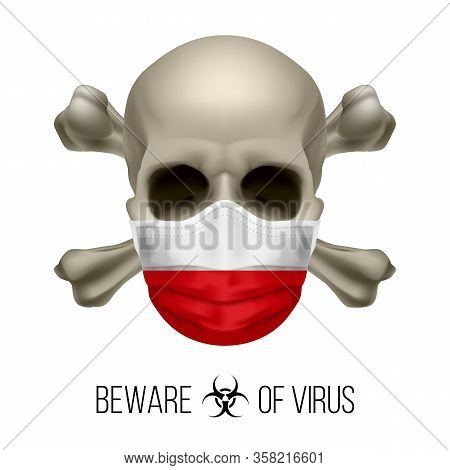 Human Skull With Crossbones And Surgical Mask In The Color Of National Flag Poland. Mask In Form Of 