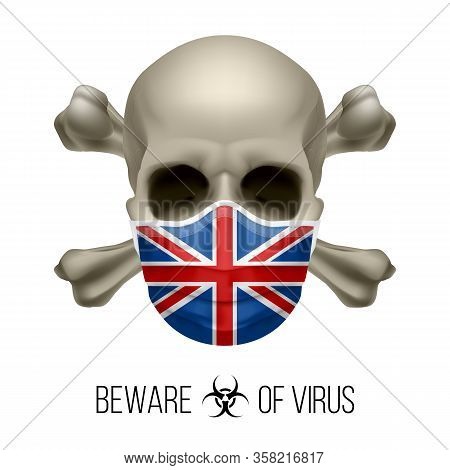 Human Skull With Crossbones And Surgical Mask In The Color Of National Flag Great Britain. Mask In F