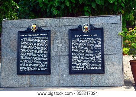 Manila, Ph - July 6: Execution Site Marker At Rizal Park On July 6, 2016 In Manila, Philippines.