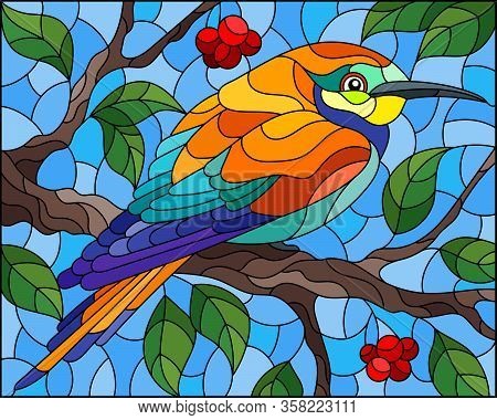 Illustration In The Style Of Stained Glass With A Beautiful Bright Bird  On A  Background Of Branch 