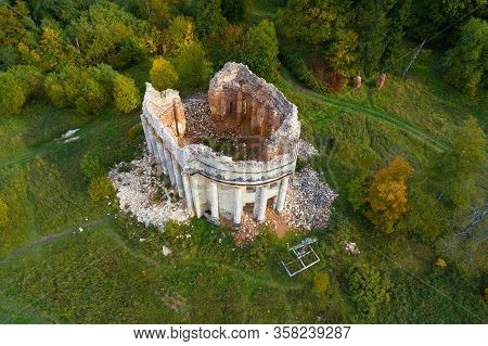 Top View On The Ruins Of The Ancient Trinity Church On A September Sunny Day. Leningrad Region, Russ