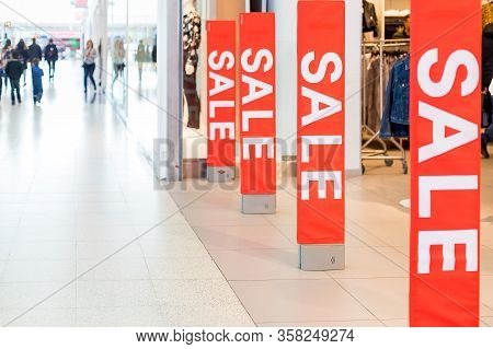 Red Sales Poster On Entrance Clothing Retailer.discount Online Shopping .quarantine Concept.shop, Co