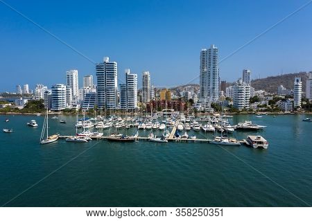Aerial View Of A Yacht Club In A Beautiful Bay In Cartagena, Colombia.