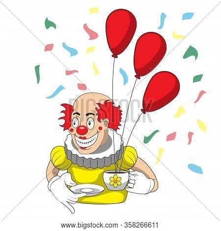 Cartoon Clown With Cup Saucer And Balloons On An Isolated Background. Vector Image Eps 10