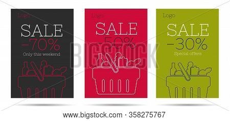 Set Of Flyers Or Posters For Grocery Store With Market Shopping Basket Full Of Food, Simple Mordern 