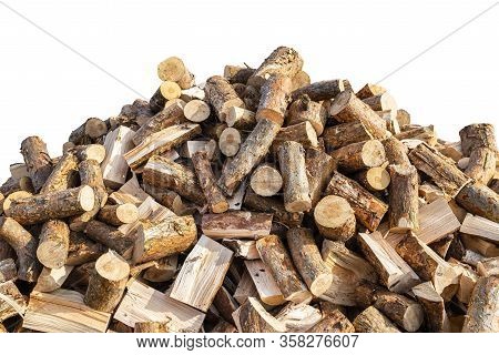 A Firewood Stacked In A Pile, Lying In The Sun, Close Up Shot, Wooden Background, Isolated On A Whit
