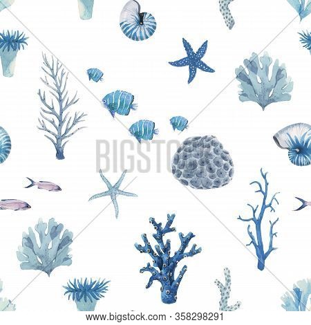 Beautiful Vector Seamless Pattern With Underwater Watercolor Sea Life. Stock Illustration.
