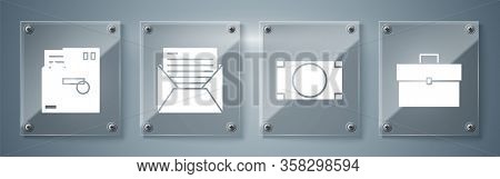 Set Briefcase, Stacks Paper Money Cash, Mail And E-mail And Ordered Envelope. Square Glass Panels. V