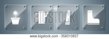 Set Waterproof Rubber Boot, Garden Saw, Watering Can And Flower In Pot. Square Glass Panels. Vector