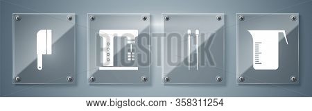 Set Measuring Cup, Food Chopsticks, Electric Mixer And Meat Chopper. Square Glass Panels. Vector