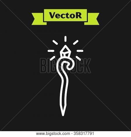 White Line Magic Staff Icon Isolated On Black Background. Magic Wand, Scepter, Stick, Rod. Vector Il