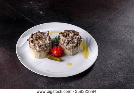 Delicious Beef Stroganoff With Soft Mashed Potatoes. Beef Stroganoff Served With Potato
