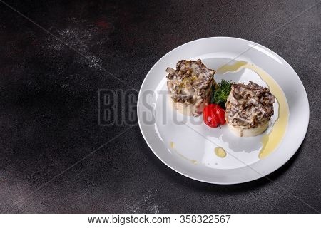 Delicious Beef Stroganoff With Soft Mashed Potatoes. Beef Stroganoff Served With Potato