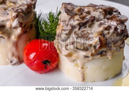 Delicious Beef Stroganoff With Soft Mashed Potatoes. Beef Stroganoff Served With Potato