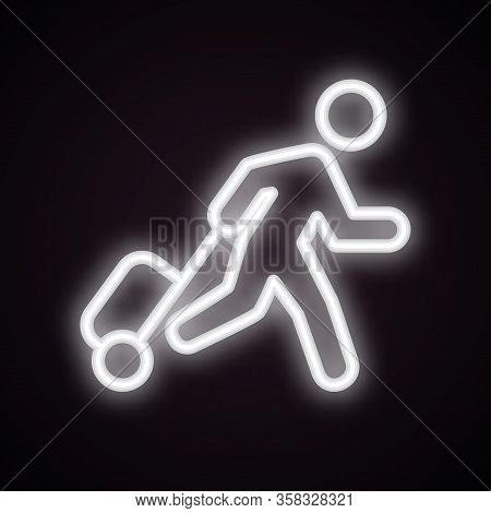 White Neon Icon Of Running Man With Luggage. Airport, Exit, Checkroom. Urban Services Concept. Can B