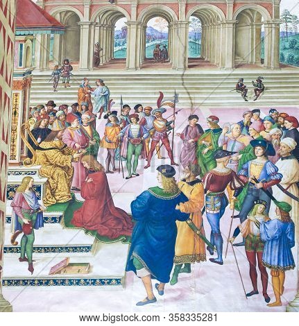 Siena, Italy - July 10, 2017: Fresco In Piccolomini Library In Siena Cathedral, By Pinturicchio, Dep