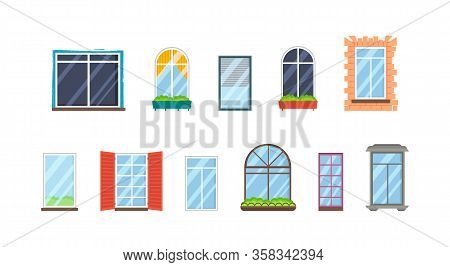 Set Of Realistic Glass Transparent Plastic Windows With Window Sills. Vector Collection Of Various T