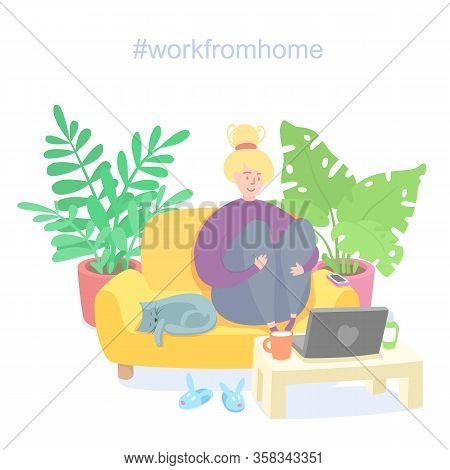 Illustrations Concept Coronavirus Covid-19 Work From Home. Girl Working From Home With Her Pet. The 