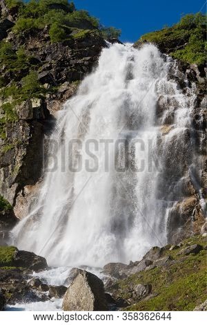 Beautiful Scenic Landscape Of Imeretinskiy Waterfall In Caucasus Mountains, Karachai-cherkess Republ