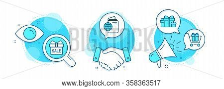 Shopping Cart, Travel Passport And Sale Offer Line Icons Set. Handshake Deal, Research And Promotion