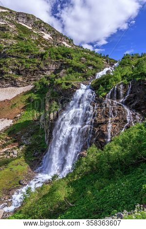 Beautiful Scenic Landscape Of Imeretinskiy Waterfall In Caucasus Mountains, Karachai-cherkess Republ