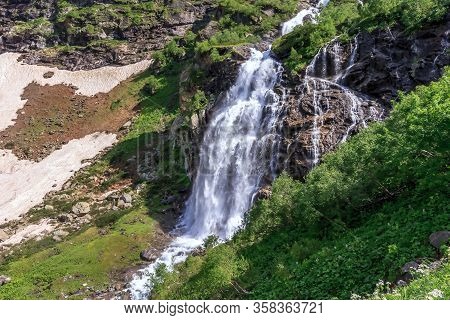 Beautiful Scenic Landscape Of Imeretinskiy Waterfall In Caucasus Mountains, Karachai-cherkess Republ