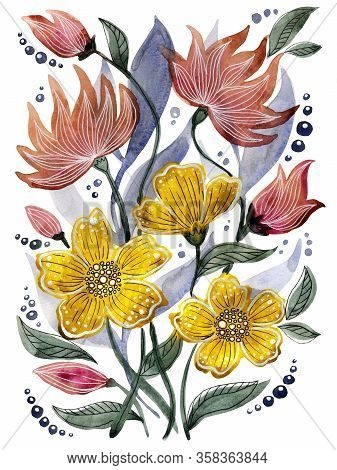 Abstract Floral Watercolor Design With Stylized Pink, Yellow Flowers And Lilac Leaves On A White Bac