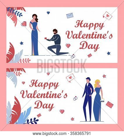 Happy Valentines Day - Inscription And Loving Couples Characters In Greeting Cards Colorful Set. Fes