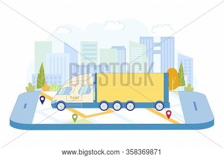 Application For Tracking Movement Cargo Taxi. Cargo Tent Truck On Large Smartphone With Electronic M