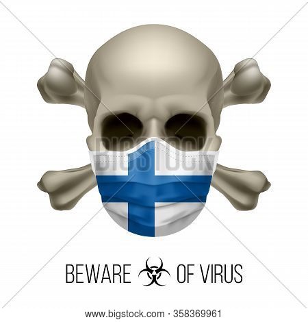 Human Skull With Crossbones And Surgical Mask In The Color Of National Flag Finland. Mask In Form Of
