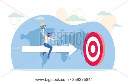Man Sitting On Arrow Flying Into Target Flat Cartoon Vector Illustration. Office Worker With Briefca