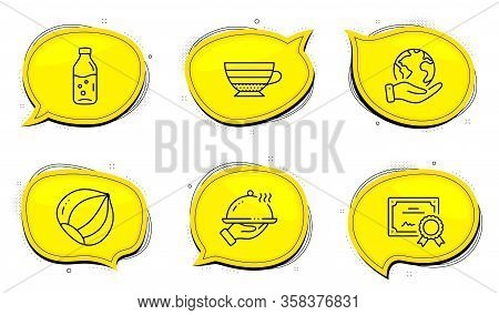 Water Bottle Sign. Diploma Certificate, Save Planet Chat Bubbles. Cappuccino, Restaurant Food And Ha