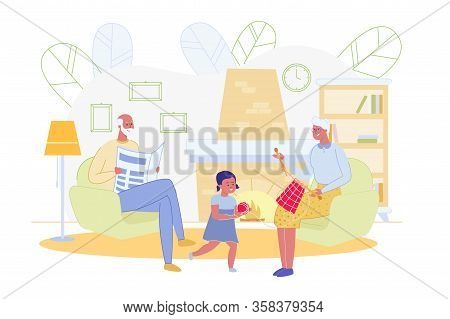 Relax Cozy Evening With Family Near Fireplace. Grandmother Knits Product, And Girl Holds Ball For He