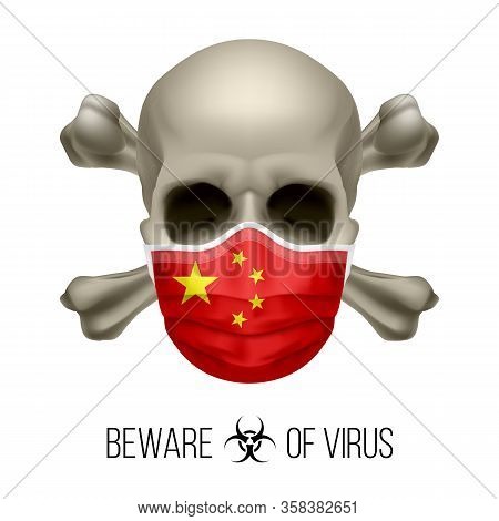 Human Skull With Crossbones And Surgical Mask In The Color Of National Flag China. Mask In Form Of T