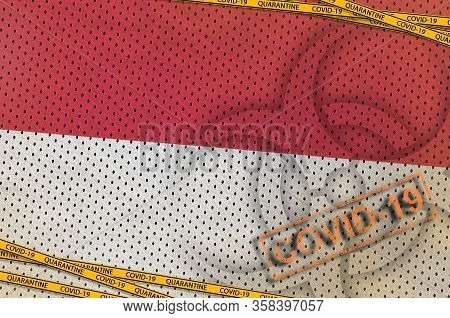Indonesia Flag And Covid-19 Biohazard Symbol With Quarantine Orange Tape And Stamp. Coronavirus Or 2