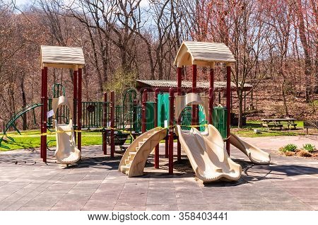 Pittsburgh, Pennsylvania, Usa 3/29/20 Playground Equipment Roped Off To Not Be Used With The Coronav