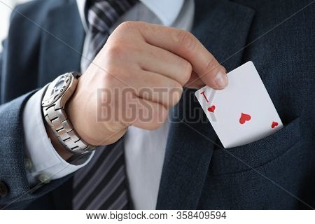Man Suit Takes An Ace Card From His Jacket Pocket. One-sided Advantage And Benefit. Technique Or Man