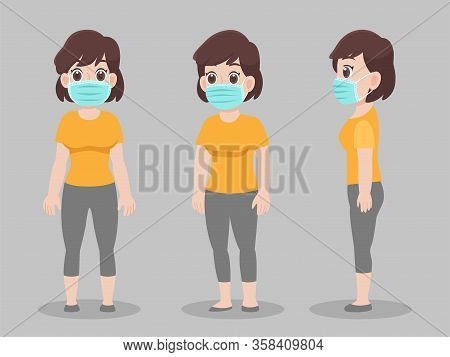 Set Of Cute Woman Wearing Protective Medical Mask For Prevent Virus Wuhan Covid-19.corona Virus, Peo