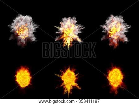 Set Of Round Explosions Of Anti Air Gun Shell Hit Or View From Top On Bang Or Rocket Interception Bl