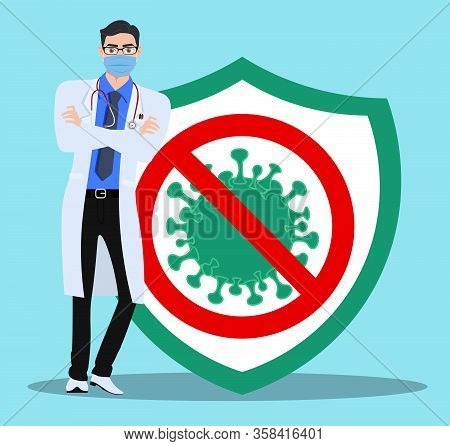 Medical Doctor Character Vector Concept Design. Medical Front Liner Doctor With Stop Corona Virus An