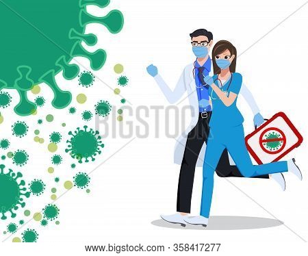 Medical Front Liners Character Vector Concept Design. Medical Doctor And Nurse Character Fighting Co