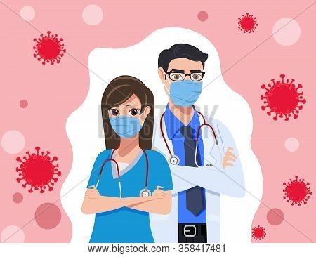 Medical Front Liners Character Vector Concept Design. Healthcare Staff Doctor And Nurse In Corona Vi