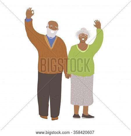 Vector Flat Illustration Of Happy Cheerful Senior Couple Of African American Man And Woman, Holding 